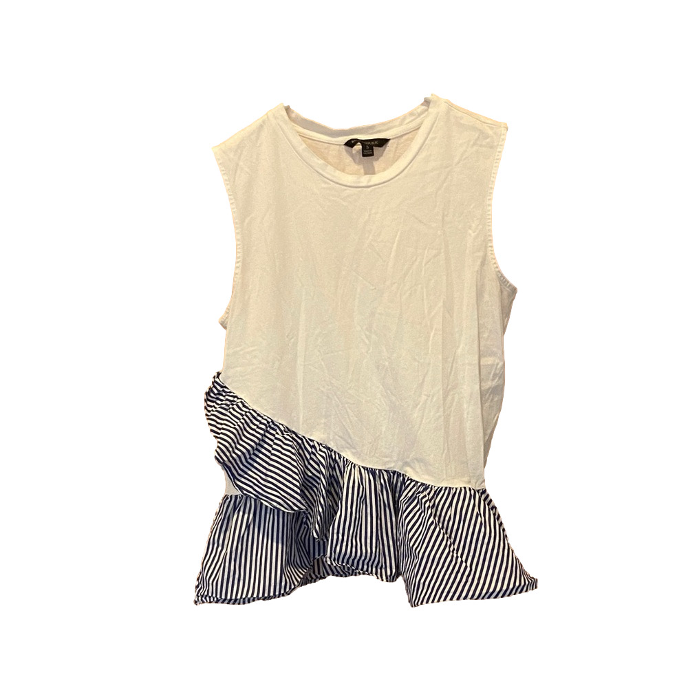 Banana Republic White Tank Top with Blue Striped Asymmetrical Ruffle Hem - Small
